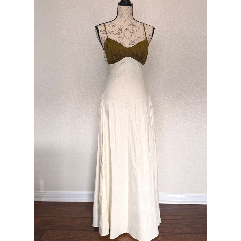 ASOS DESIGN Women Olive Green Cream Cotton Colorblock Maxi Dress Size 6 US